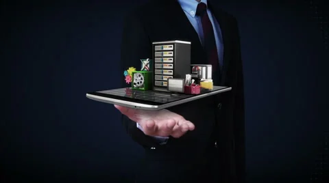 Businessman open palms, various security server service function for mobile. Stock Footage 64679967