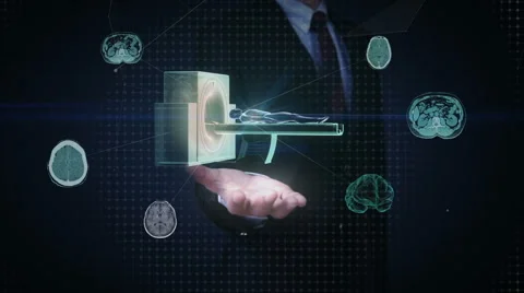 Businessman open palms, X-ray CT scanner, medical diagnosis technology.MRI Stockbeeldmateriaal 64372353