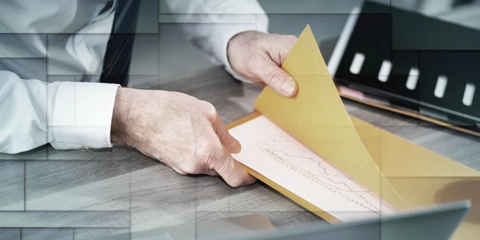 Businessman opening folder, geometric pattern Stock-Fotos
