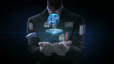 Businessman opens two palms, internet sensor connecting Digital brain, 4k. Video stock 89920935