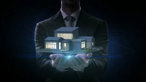 Businessman opens two palms, IoT smart home appliances. internet of thing. 4k. Stock-Footage 109590716