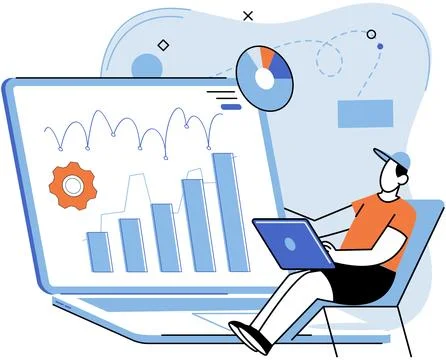 Businessman or freelancer with computer searching for information. Technica.. Stock Illustration