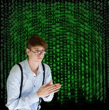 Businessman or teacher with binary on background 스톡 사진