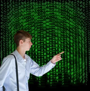 Businessman or teacher with binary on background Foto stock