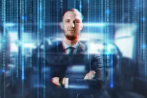 Businessman over binary code background Stock Photos