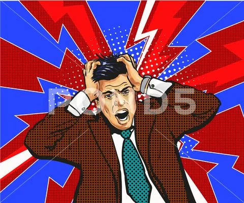 Businessman in panic, hold on to head. Emotions. Talks. On an red-crimson Stock Illustration