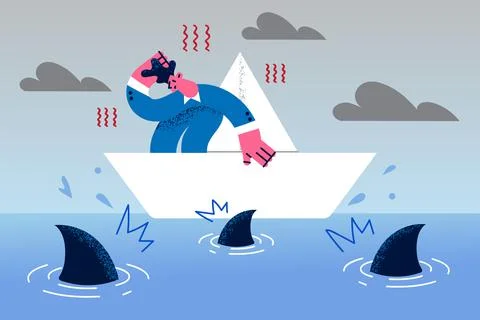 Businessman on paper boat surrounded by sharks Stock Illustration