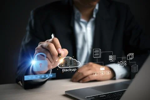 Businessman pen touching cloud backup password padlock security data networ.. Stock Photos