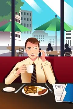 Businessman on the phone while having breakfast in a cafe Illustrazione stock