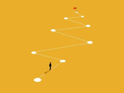 Businessman places workflow points to flags indicating goal achievements Stock Illustration