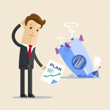 Businessman with plan and rocket crashed. Business failure, the rocket fall down Stock-Illustration