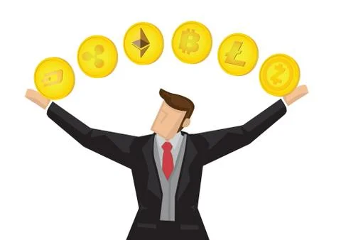 Businessman playing around with the different type of cryptocurrencies. 스톡 일러스트