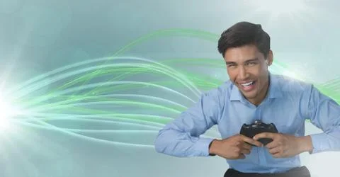 Businessman playing with computer game controller with curved lines background Stock Photos