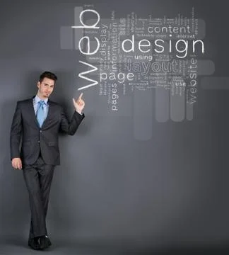 Businessman point at web design words Stock Illustration