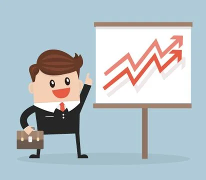 Businessman with pointer stick presenting a growing chart. Stock Illustration