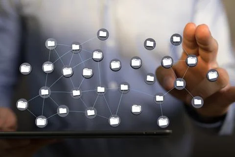 Businessman pointing at a 3D data network Stock Illustration