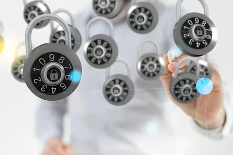 Businessman pointing at 3D render of security data code icons Foto stock