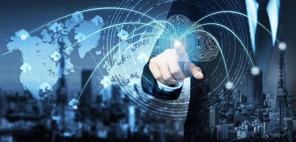 Businessman pointing at a 3D rendering of cloud computing technology and global Stock Illustration