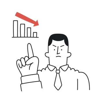 Businessman pointing at a declining graph, warning of financial trouble. Do.. Stock Illustration