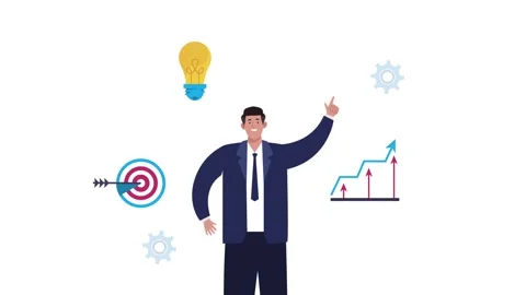 Businessman with pointing hand, featuring animated icons including a lightb.. Vídeos de archivo 339047532