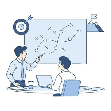 Businessman pointing at a project strategy map on a whiteboard while explaini Stock Illustration