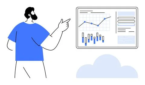 Businessman pointing towards an interactive screen displaying line and bar gr Stock Illustration