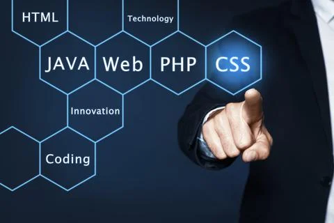 Businessman pointing at virtual screen with different words, closeup. Program 스톡 사진