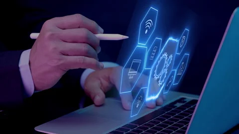 Businessman pointing virtual screen of gear cog icon present operation Stock Footage 247164482