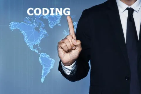 Businessman pointing at word CODING and illustration of digital map on backgr Stock Photos