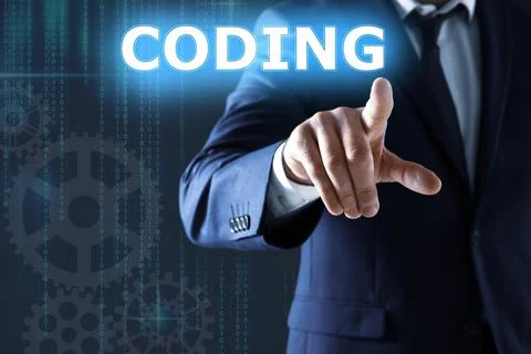 Businessman pointing at word CODING on virtual screen, closeup Stock-Fotos