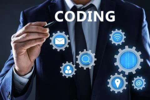 Businessman pointing at word CODING on virtual screen, closeup Foto stock