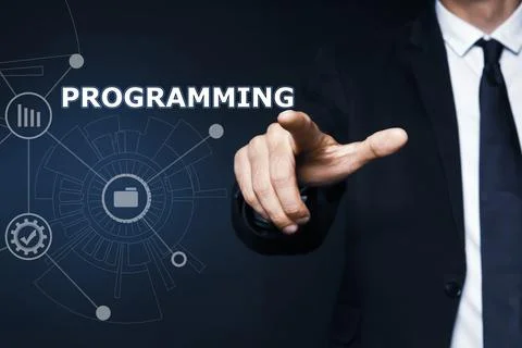 Businessman pointing at word PROGRAMMING on virtual screen, closeup Foto stock