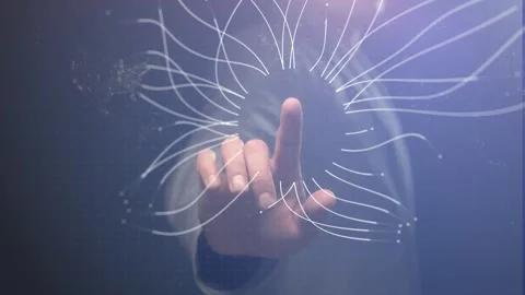 A businessman points to the center of a circle of rays against the backdrop of a Stock Footage 268566191
