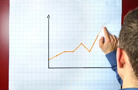 Businessman points an a chart on a flipchart - concept with plenty copyspace Stock Photos