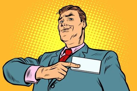 Businessman points at a name badge id Stock Illustration