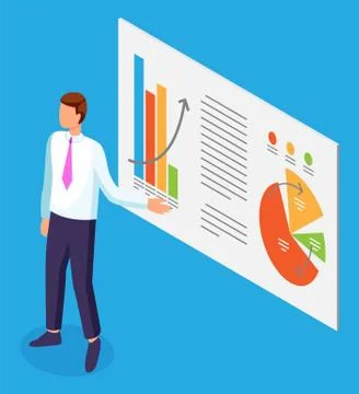 Businessman points on presentation data report slide. Pie and bar charts image Stock Illustration