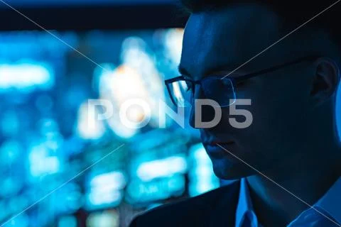 The businessman portrait on the screen background Stock Photos