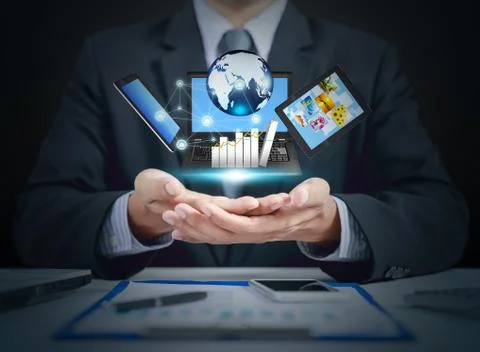 Businessman present increasing graph on hand , business growth Stock Photos