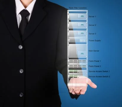 Businessman present rack network server on hand Stock Photos