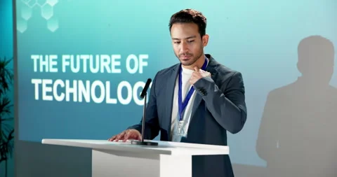 Businessman, presentation and scared in seminar with anxiety, event and emerging Stock Footage 342090495