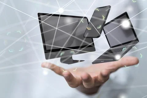 Businessman presenting a 3D render of a computer, laptop and a smartphone Stock Illustration