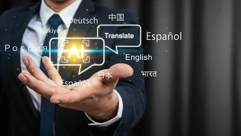 Businessman presenting artificial intelligence language translation above h.. Stock Photos