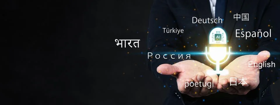 Businessman presenting artificial intelligence language translation above h.. Stock Photos