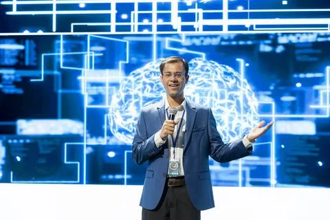 Businessman presenting artificial intelligence roadmap at conference Stock Photos