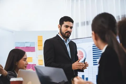 Businessman presenting data analysis dashboard on TV at meeting room. Concord Stock Photos