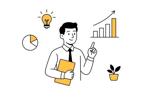 Businessman presenting data with charts and ideas in a modern style Stock Illustration