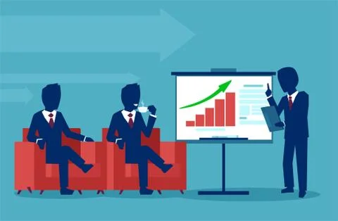 Businessman presenting data on a presentation screen board explaining charts  Illustrazione stock