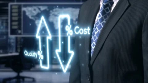 Businessman Presenting Data on Quality and Cost with Graphical Elements in Stock Footage 310332938