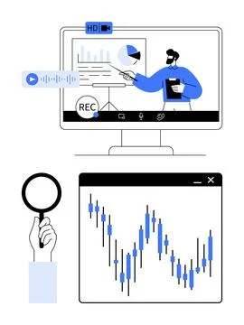Businessman presenting data via video call, bar chart on computer screen, mag 스톡 일러스트