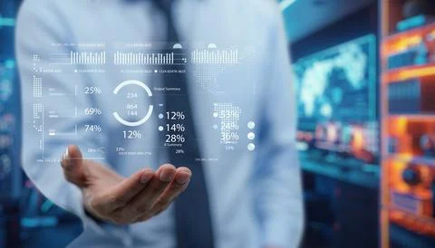 Businessman Presenting Digital Data Visualization in Modern Office Foto stock